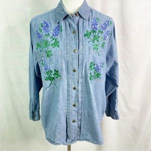 Vintage Bluebonnet Handpainted Denim Long Sleeve Button Up Shirt Med